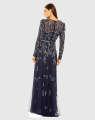Navy Long Sleeve High Neck Floral Beaded A-line Mesh Gown