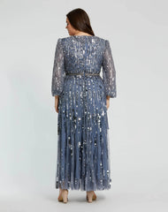 Blue Long Sleeve V-Neck Embellished Gown (Plus)