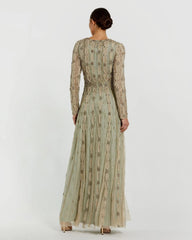 Green Embellished Mesh Long Sleeve A Line Gown