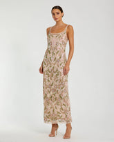 Pink Sleeveless Hand Embellished Floral Maxi Dress