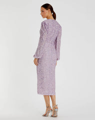 Purple Sequined Illusion Puff Sleeve V Neck Midi Dress