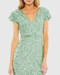 Green Sequined Cap Sleeve Wrap Over Cocktail Dress