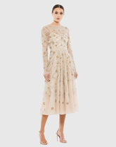 Beige Beaded Illusion High Neck Long Sleeve A Line Dress