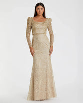 Gold Embroidered Lace Applique Shoulder Detail Trumpet Gown