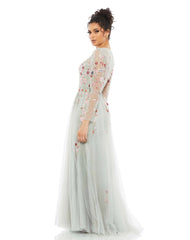 Gray Embroidered Illusion High Neck Long Sleeve A Line Gown