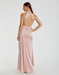 Pink Open Back High Neck Side Ruched Gown