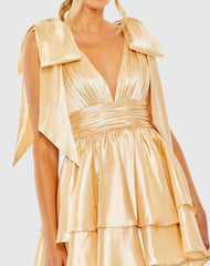Gold Oversized Bow Deep V Ruffle Mini Dress