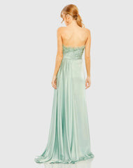 Green Strapless Feather Detail Satin Gown