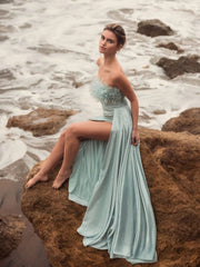 Green Strapless Feather Detail Satin Gown