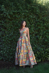 Multicolor Strapless Floral Brocade Dress with Ruffles