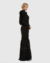 Black Jersey Long Sleeve High Neck Feather Gown