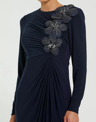 Navy Jersey Long Sleeve Fitted Gown With 3D Flowers