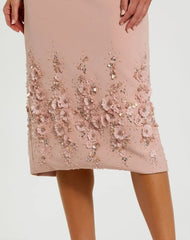 Pink Crepe Sleeveless Midi Dress With Flower Beading
