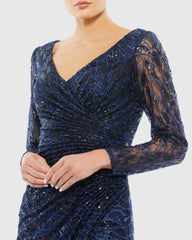 Navy Long Sleeve Ruched Sequined V-Neck Gown