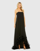 Black Strapless Flare Feather Hem Gown