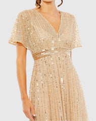 Beige Embellished Short Sleeve Empire Waist Dress