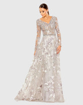 Multicolor Long Sleeve Beaded Applique Gown
