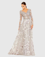 Multicolor Long Sleeve Beaded Applique Gown