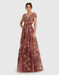 Floral Embroidered Cap Sleeve Evening Gown