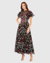 Black Embellished Butterfly Tea Length A Line Dress