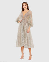 Embellished Plunge Neck Bishop Sleeve Dress