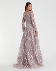 Purple Embroidered Lace Long Sleeve Floral Gown
