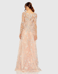 Pink Embroidered Lace Wrap Over Illusion Long Sleeve A Line Gown