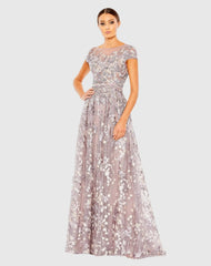 Light Purple Embellished Floral Cap Sleeve A Line Gown