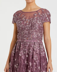 Purple Embellished Floral Cap Sleeve A Line Gown