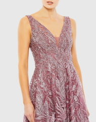 Purple V-Neck Low Cut Back Floral Embroidered A-Line Dress