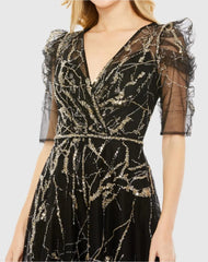 Black Embellished Gathered Puff Sleeve Faux Wrap Gown