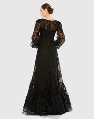 Black Puff Sleeve A-Line Embroidered Gown