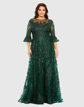 Green High Neck Flutter Sleeve Embroidered A Line Gown (Plus)