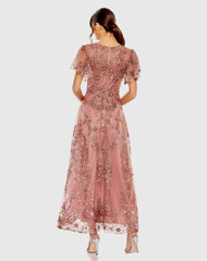 Pink Embroidered Flutter Sleeve A-Line Dress
