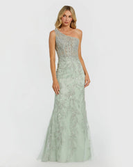 Green One Shoulder Embellished Gown