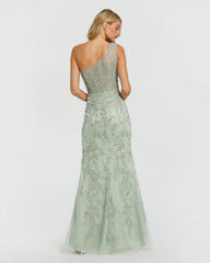 Green One Shoulder Embellished Gown