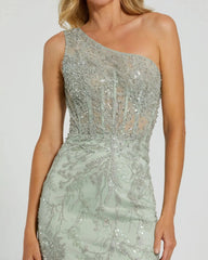 Green One Shoulder Embellished Gown