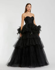 Black Strapless Tulle Gown with Feather Detail