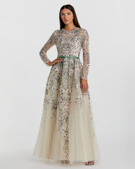 Multicolor Long Sleeve Floral Embellished A-Line Gown