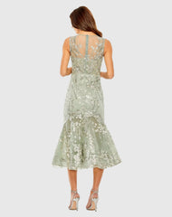 Sage Green Sleeveless Embroidered Trumpet Midi Dress