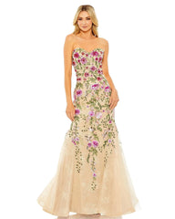 Beige Strapless Bustier Floral Embroidered Mermaid Gown