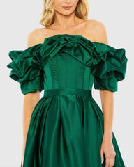 Green Off The Shoulder Tea Length Dress