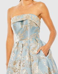 Blue Strapless Brocade Midi Dress with Pockets
