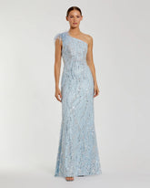 Blue Feathered One Shoulder Embellished Applique Gown