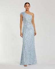 Blue Feathered One Shoulder Embellished Applique Gown