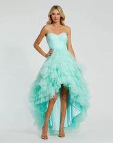 Green Strapless Ruched Sweetheart Ruffle High Low Gown