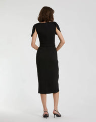 Black Crepe Boat Neck Midi Tulip Dress With Belt
