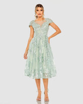 Green Embroidered Cap Sleeve A Line Dress