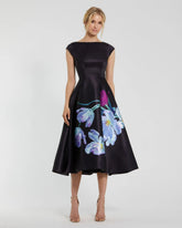 Black Satin Cap Sleeve Midi Dress With Floral Print
