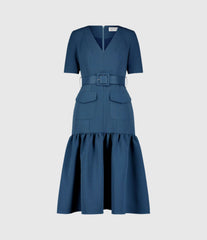 Blue Crepe 3/4 Sleeve Midi Dress With Belt And Pockets